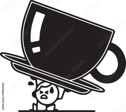 Small person struggling with great effort to lift an oversized heavy coffee cup and saucer symbolizing an overwhelming task or burden too much difficult task struggle overwhelmed challenge