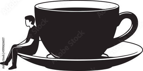 Man sitting casually on a saucer leaning against a large coffee cup symbolizing moment of reflection or quiet break coffee time hot drink contemplate reflection beverage container symbolic