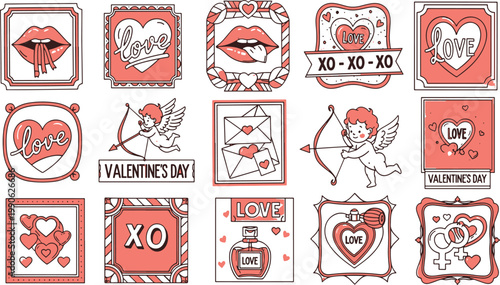 Colorful valentine's day stickers featuring hearts and romantic symbols for greeting cards
