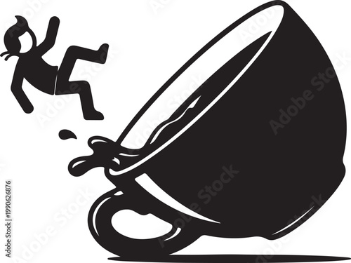 Person falling near a giant spilling coffee cup depicting a clumsy accident mess or sudden caffeine overflow with bad luck accident overflow caffeine beverage silhouette isolated unfortunate