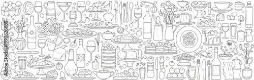 A comprehensive collection of kitchen and dining utensils and appliances illustrated in monochrome