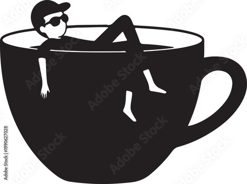 Relaxed person silhouette with cap and sunglasses floating comfortably inside a large coffee cup symbolizing a break or chill time black and white hot drink design element self care stress relie
