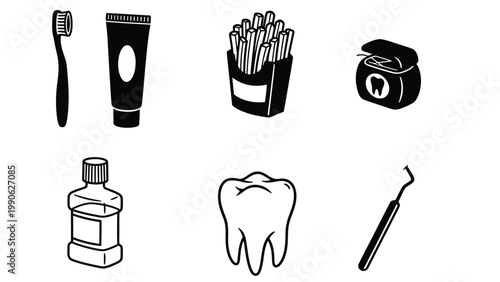 Dental Care & Oral Health Icons Set: Toothbrush, Toothpaste, Floss, Mouthwash, Tooth, Dental Tool, and French Fries
