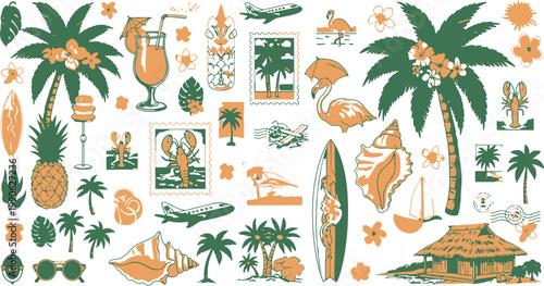 Vibrant tropical vacation and beach lifestyle illustration collection