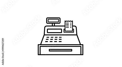 Minimalist line art of a vintage cash register with a receipt