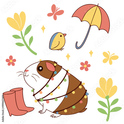 Vector illustration of a Shy Guinea pig with wrapped in fairy lights, styled in a Spring theme using Blooming Renewal colors