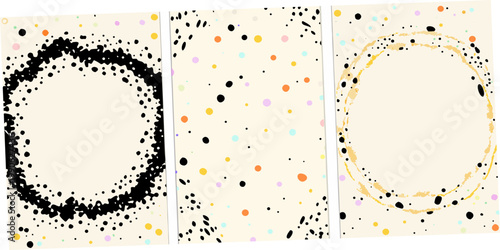 Abstract triptych featuring speckled circles and scattered colorful dots