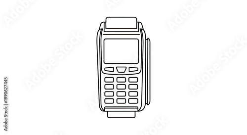 A line drawing of a point-of-sale device with a screen and keypad