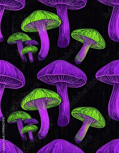 A vibrant and psychedelic pattern showcases stylized mushrooms with neon green caps and purple stems against a textured black background, creating a visually striking and otherworldly design.