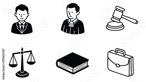 Legal Profession & Justice System Icons - Lawyer, Judge, Gavel, Scales, Book, Briefcase