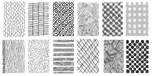 Collection of hand drawn scribble and woven texture patterns in grayscale