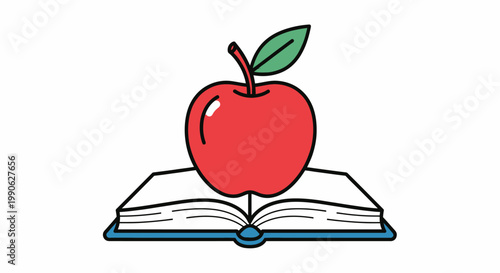 A stylized red apple with a green leaf rests atop an open book