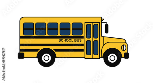 Stylized yellow school bus with black trim and blue windows