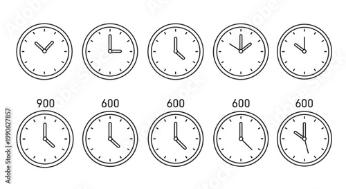 Diverse collection of outline clock icons illustrating different hours, ideal for applications requiring time tracking or scheduling features