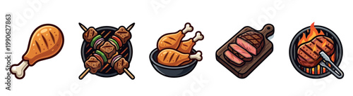 Grilled meats and BBQ food items collection featuring various delicious dishes like chicken drumsticks, skewers, and steaks, perfect for summer cookouts.