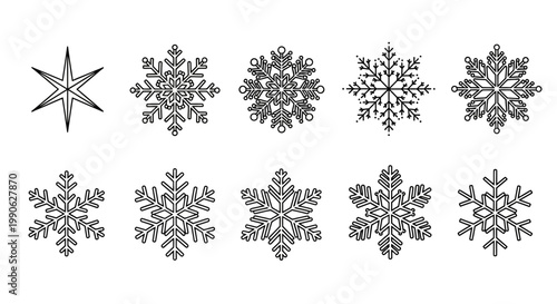 Collection of diverse snowflake illustrations in various intricate designs and patterns on a white background