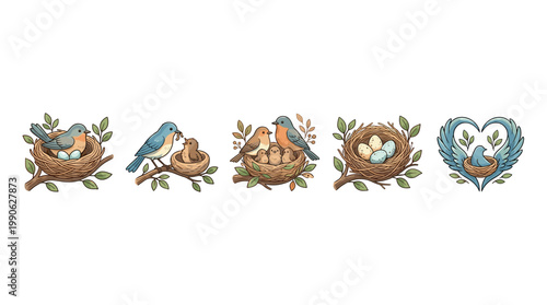 Birds and nests illustrations depicting various stages of avian family life, showcasing parents, eggs, and feeding chicks in a charming cartoon style.