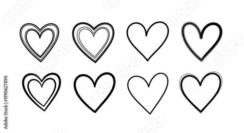 Set of artistic hand-drawn heart shapes, ideal for adding a touch of romance and love to diverse design elements and creative works for emotional expression