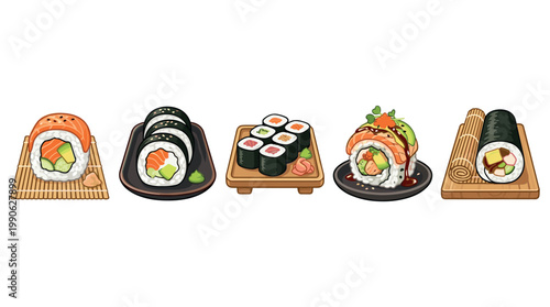 Delicious sushi rolls and maki varieties are beautifully illustrated in a vibrant collection, showcasing traditional Japanese cuisine.