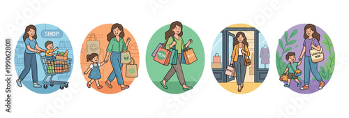 Happy women shopping with their children and independently, engaging in diverse retail activities like grocery runs and boutique visits.