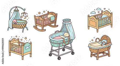 Adorable assortment of baby cribs, bassinets, and cradles, featuring different styles and designs in soft pastel colors for nursery themes.