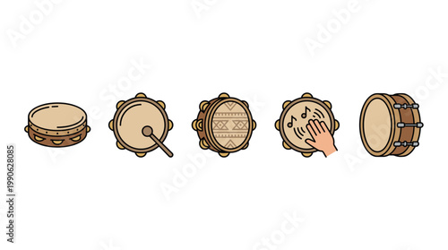 Various drums and percussion instruments are depicted in a charming cartoon style, showcasing different types and ways of playing them.