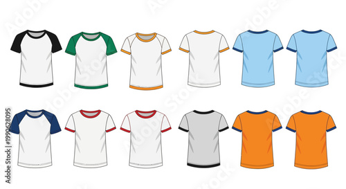 Raglan t-shirt mockup collection, 12 blank baseball tee vector templates, colorful ringer shirt flat sketches for apparel design and branding