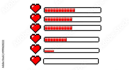 Pixelated health bar interface with multiple hearts and red progress indicators, reminiscent of classic video games, showing decreased life levels