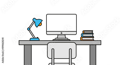 Minimalist desk setup with monitor, lamp, chair, and books