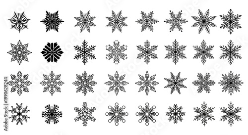 Collection of diverse snowflake icons, showcasing intricate patterns and delicate crystalline designs, perfect for winter-themed graphic elements