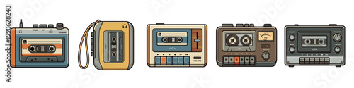 Five retro portable cassette players, each with unique designs and features, showcasing classic audio technology and nostalgic music playback devices.
