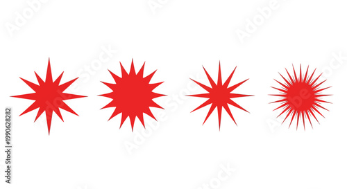 Four distinct red starburst shapes, showcasing sharp points radiating outwards from a central core, presented in a horizontal row against a white background