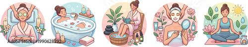 Women engaging in various self-care activities, including spa treatments, relaxing baths, foot soaks, face masks, and peaceful meditation.