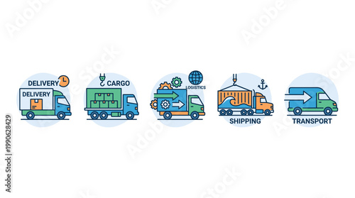 Logistics and transportation icons illustrating various stages of goods movement, from delivery and cargo handling to global shipping and general transport services.