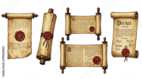 Old parchment scrolls with ancient wax seals and handwritten text illustrate historical documents, decrees, and important messages from medieval times or fantasy settings.
