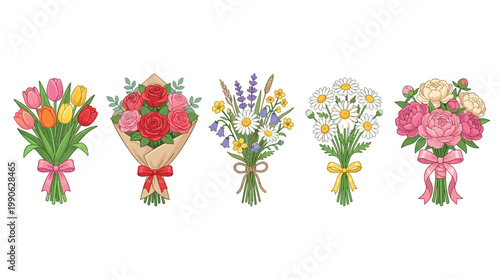 Five colorful cartoon bouquets of flowers are beautifully arranged in a horizontal row, featuring a delightful assortment of tulips, roses, daisies, and peonies.