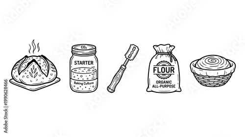 Sourdough bread baking ingredients and tools, including flour, a starter jar, a scoring lame, and a proofing basket, for homemade artisan loaves.