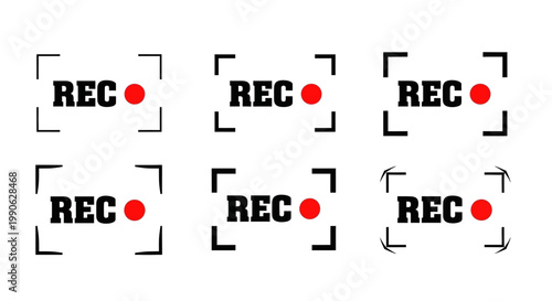 Camera recording screen icons set, red REC button with viewfinder frames, video recording interface elements for digital media production