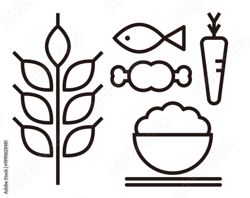 米・飼料・栄養・食料自給率・栄養・サプライチェーン、食料供給とフードドライブを表すミニマルな線画アイコン