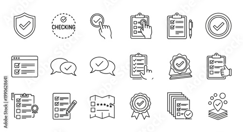 Checklist line icons set, 18 quality control and verification symbols, thin stroke check mark and clipboard vector elements for business compliance