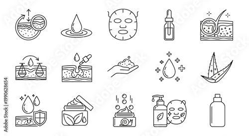 Skincare line icons set, 15 dermatology and beauty treatment vector symbols, facial care and cosmetic product thin line illustrations for web