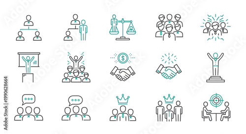 Business leadership and corporate management line icons, set of 15 vector symbols for human resources, team hierarchy and professional success