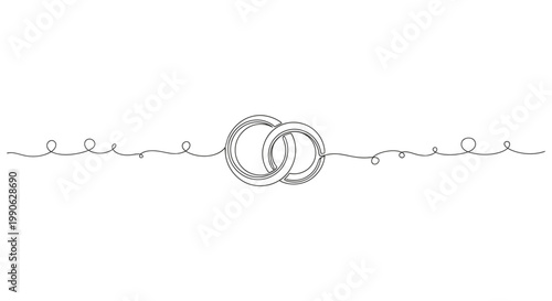 Minimalist wedding rings continuous line drawing, elegant interlocking bridal bands vector, simple black and white jewelry outline for marriage invitation