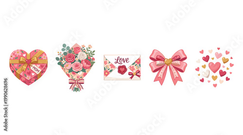 Various romantic love and gift elements for special occasions, including a heart-shaped box, flower bouquet, love letter, decorative bow, and floating hearts.