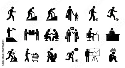 Human life cycle and daily activities icon set, 18 black stick figure pictograms, people lifestyle and business vector elements for infographics