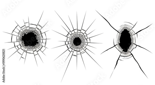 Realistic bullet holes in glass vector set, shattered window cracks and broken glass texture, three impact damage elements on white background