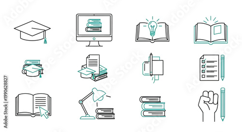 Education and online learning line icons, set of 12 academic vector symbols, school and university study elements, digital e-learning and graduation graphics
