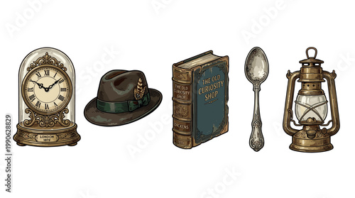 Collection of vintage antique objects including a decorative clock, stylish hat, classic book, ornate spoon, and rustic lantern illustration.