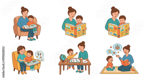 Mother and child enjoy various educational activities together, including reading books, learning letters, and storytelling, fostering a strong bond and intellectual development.