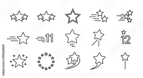 Minimalist star icon set, black line star rating symbols, 15 vector elements for UI design, shooting star and celestial shapes for web interface